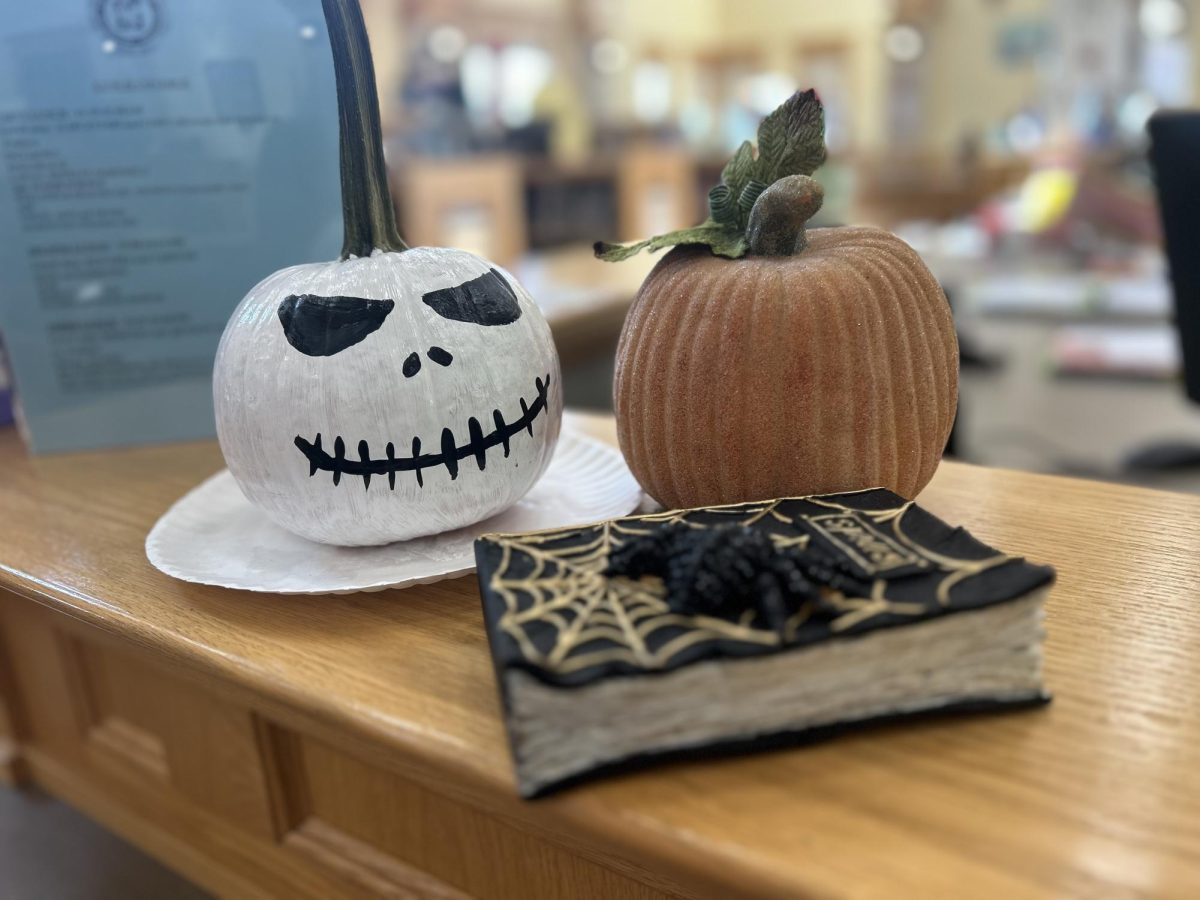 Some of the spooky Halloween themed decorations located in the NHS library