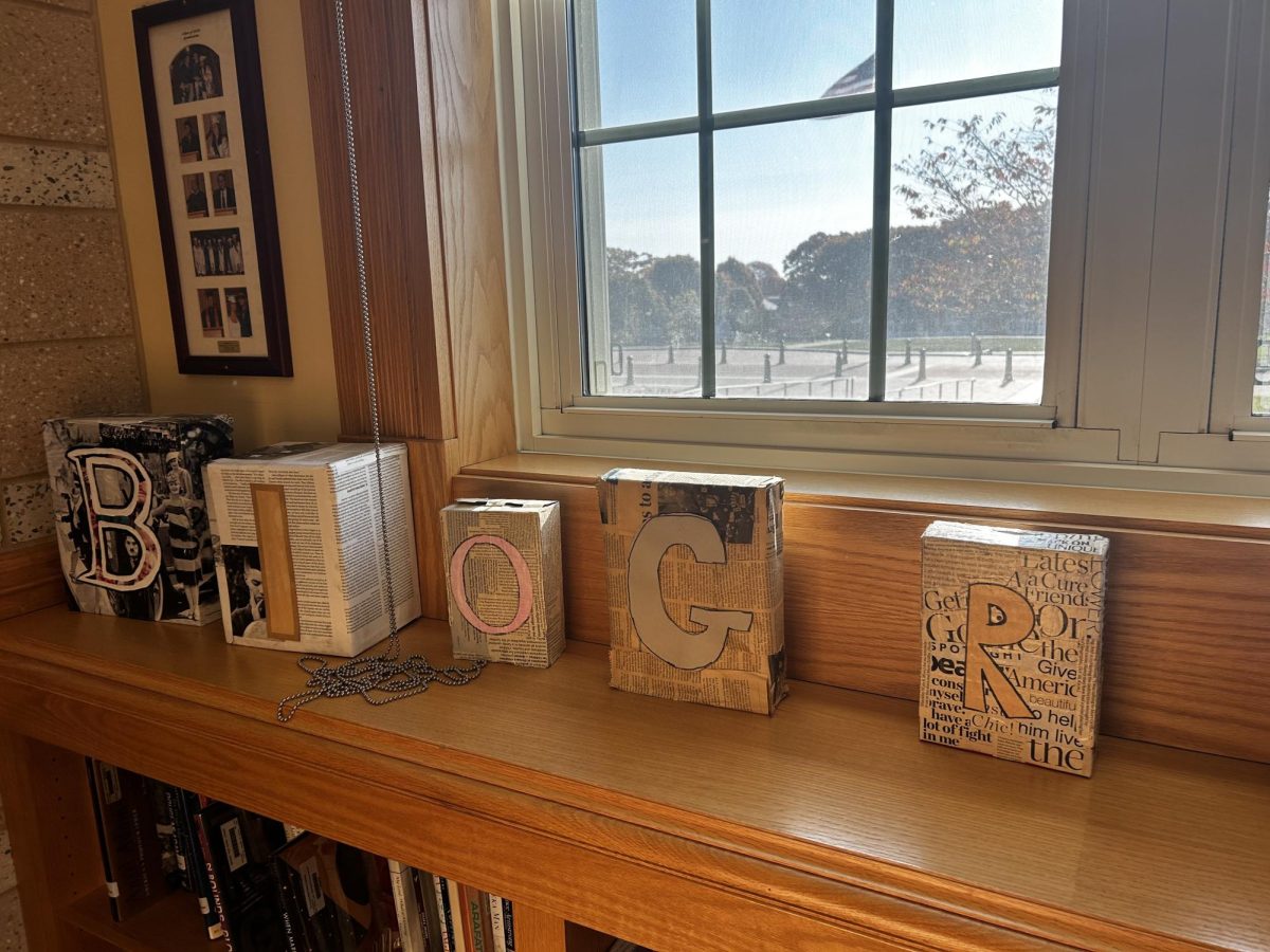 The "biography" paper-mache section header located in the NHS library.