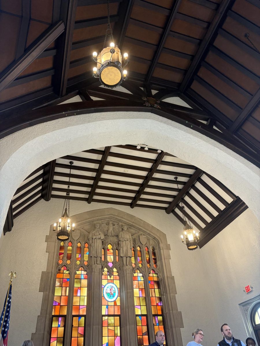 The beautiful ceiling of the room in Town Hall where the town meeting is held.