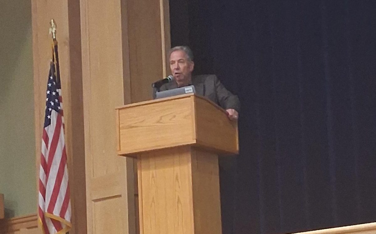Bernie Furshpan speaks to NHS students about his father's legacy as a Holocaust survivor.