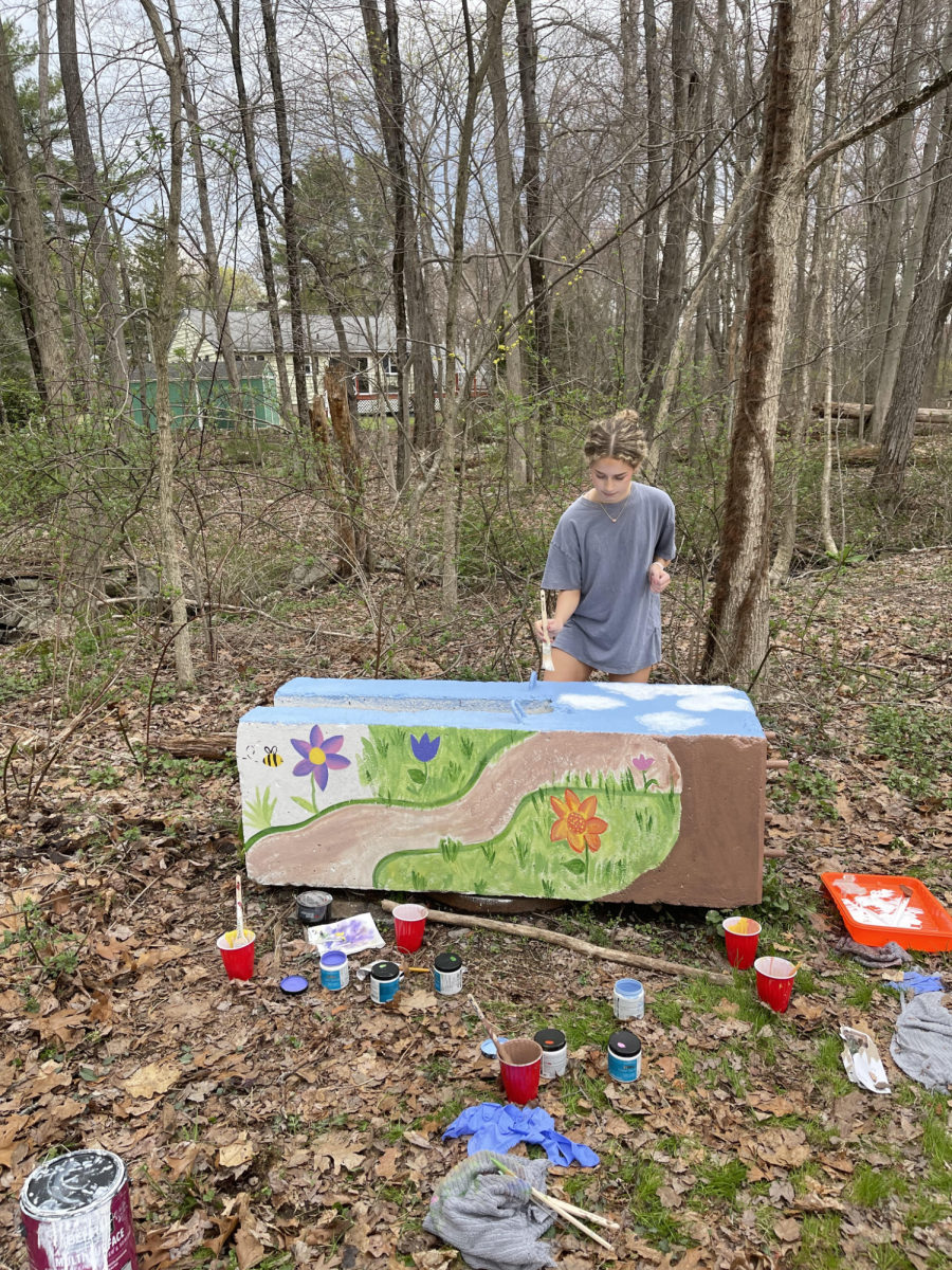 Senior Sylvia Caparrotta paints a block along the Germany Brook Trail in Norwood.